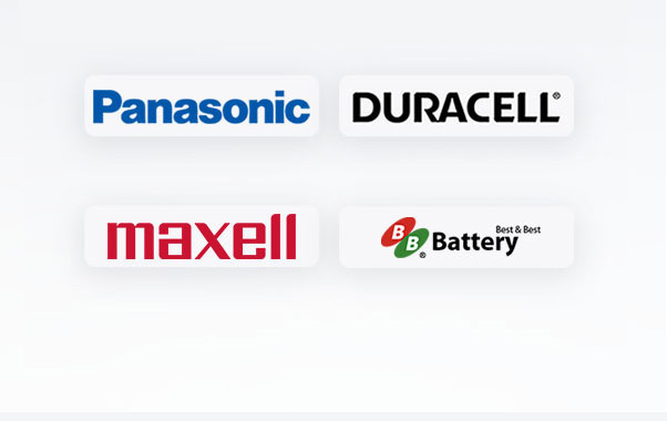 Brand marks the company states it distributes: Panasonic, Duracell, Maxell, and B.B. Battery. These are third-party trademarks, not Unitek's own brand.